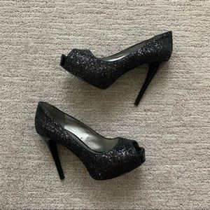 Vtg Guess Patches Black Glitter Peep Toe Platform Pumps Heels 8